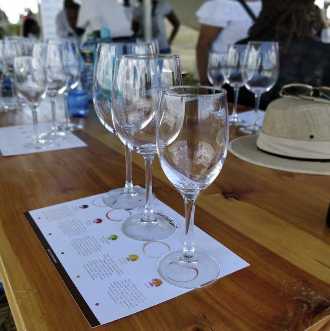 Wine glasses on a table at Leleshwa Winery Kenya